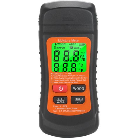 Medidor de humedad digital multifuncional 3 en 1 para madera, cartón y tablones, con pantalla en °C y °F. (1/5)