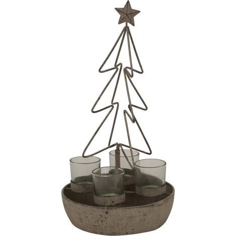 Rustic Outline Tree and Star with Four Glass Votives - Metal - L19 x W19 x H37 cm - Antique Bronze