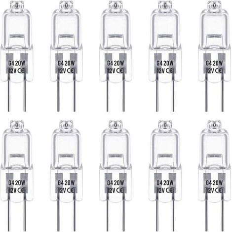 Ampoules Halogènes G4, Lampe de Base à Broche Halogène 12V 20W, Blanc Chaud 2800K, Gradable, Lampe Halogène Basse Tension G4, Lampe à Capsule Transparente, Paquet de 10 56Vingt