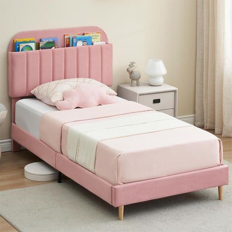 lit plateforme velours tête biblique rose clair twin xl structure métal solide (1/5)