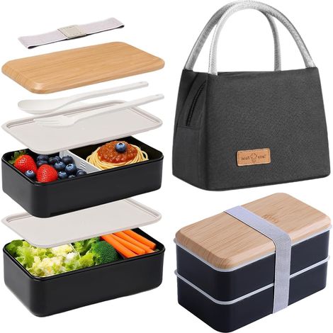 Boite Repas 1400ml 2 Etages - Sac Isotherme 8L - PP Sans BPA - Hermétique Micro-Ondable - Adulte Enfant Travail Ecole - Noir (1/5)