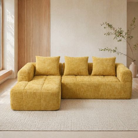 Canapé d'angle en chenille jaune 250 x 158 x 60 cm, avec chaise longue, sans installation HAVRYA (1/5)