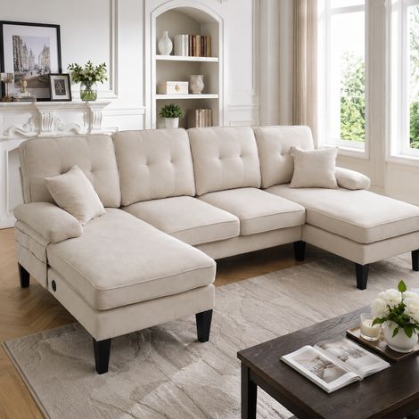 Großes U-förmiges 4-Sitzer Sofa aus weichem Leinenstoff, moderne Rückenlehne,mit zwei Chaise-Lounges,stabile Füße und kuschelige Sitzkissen mit Dekokissen – elegant für jedes Wohnzimmer.Beige (1/5)