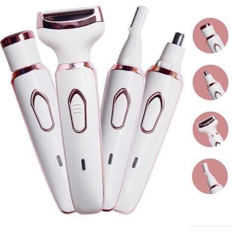 Tondeuse électrique 4-en-1 pour femme, lames en acier inoxydable, têtes lavables, épilateur corps et visage, blanc (1/5)