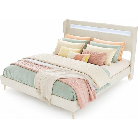 Lit 160x200 cm beige avec tête de lit LED réglable, structure tissu et métal, style moderne pour chambre adulte, base basse sans rangement - CHICFURN (1/5)