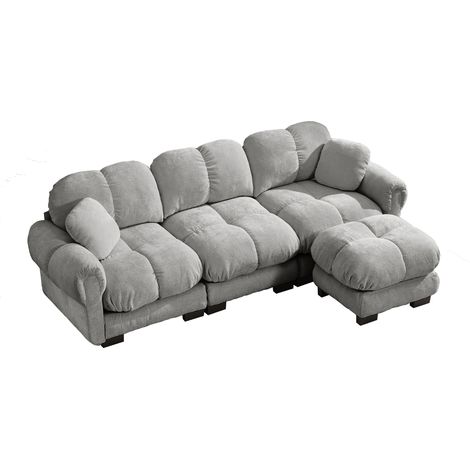 Divano Angolare 3 Posti Modulare con Pouf Mobile e Cuscino, Chenille, Grigio Chiaro (1/5)