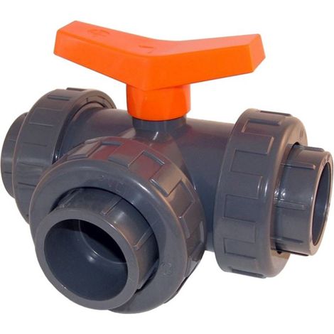 Vanne 3 voies PVC pression en T Ø 63 mm – Femelle à coller – Siège de bille réglable double union – Pression maximale 16 bars – Aquazendo