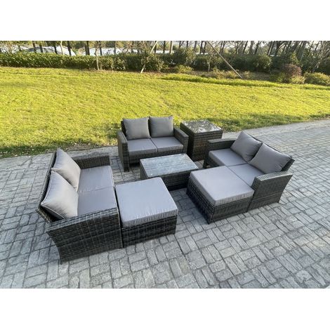 Fimous 7 pc Rattan Sofa Gartenmöbel Set Balkonmöbel mit Beistelltische 2 Großer Fußhocker Liebessitz-Sofa Dunkelgrau Gemischt (1/5)