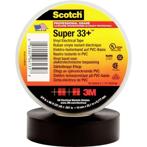 3M 80611207012 33+ SCOTCH SUPER RUBAN VINYLE D'ISOLATION ELECTRIQUE HAUTES PERFORMANCES, 19 MM X 20 M, NOIR