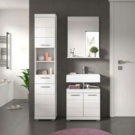 Ensemble 2 meubles salle de bain + miroir blanc brillant - KAN (1/5)