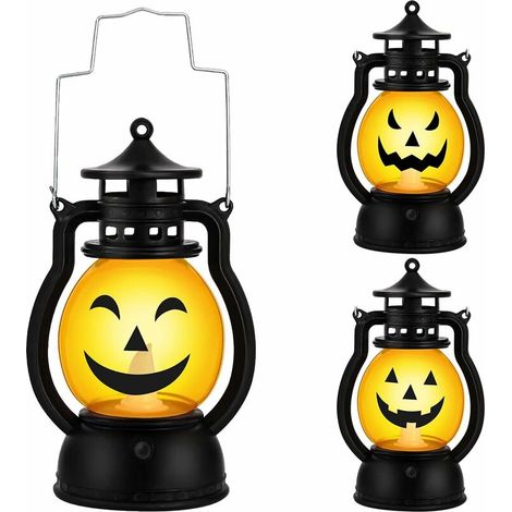 Lanterne d'Halloween 3 pièces, lanterne de citrouille rétro, décorations d'Halloween, lumières de citrouille à piles.- (1/5)