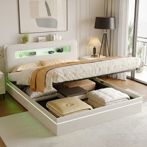 Lit double 140x200 cm, avec sommier à lattes, lit capitonné avec espace de rangement et LED, lit coffre avec sommier à lattes pour adulte adolescent, velours, beige (1/5)