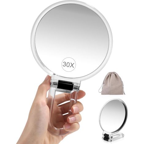 Miroir à Main Miroir Grossissant 30X Double Face 1X/30X avec Poignée Pliable à 360°, Miroir de Maquillage Portable, Utilisable en Mode Main, Table ou Mur pour Voyage et Usage Quotidien (1/5)