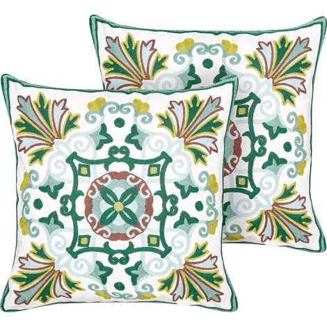 Conjunto de 2 cojines decorativos de algodón bordados motivo oriental verde 45 x 45 cm Elanite (1/5)