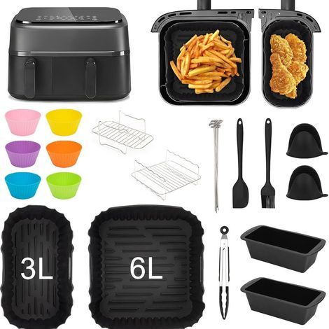 Moldes de silicona para freidora de aire, accesorios compatibles con la freidora de aire Philips Serie 3000 de doble cesta de 3L/6L, revestimientos de silicona reutilizables para freidora de aire Phil (1/5)