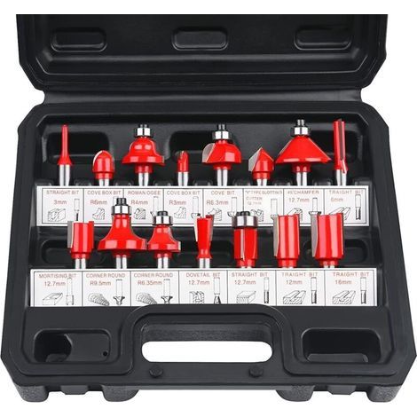 Fraises Defonceuse 6.35mm, Coffret de 15 Fraises à Rainurer Droites, Coupe-outils pour Travail Bois à Pointe en Carbure de Tungstène, Mèches à Bois Professionnelles, Tige Forets en Acier Forgé (1/4)