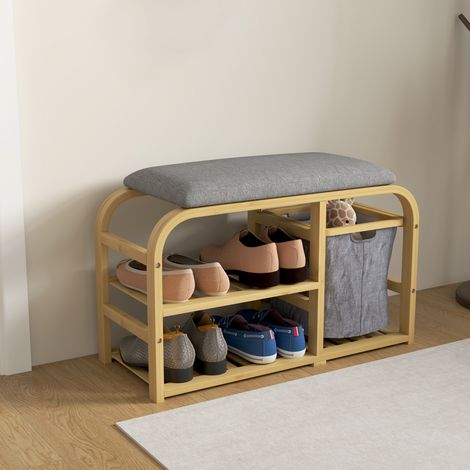 Schuhbank mit Sitzkissen, 2 Lattenrosten und ausziehbarem Stoffkorb, 70 x 30 x 45 cm, Naturholz