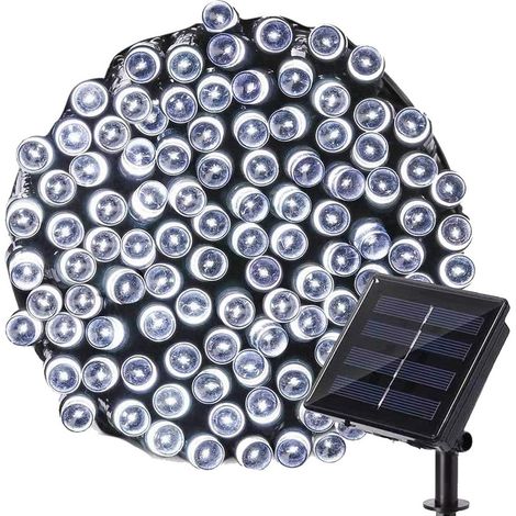 Guirlande lumineuse solaire d'extérieur 12 m 100 LED étanche, 8 modes d'éclairage, décoration pour jardin, cour, clôture, décoration d'arbre de Noël (blanc froid) (1/5)