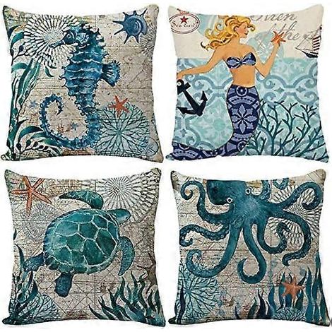 Ensemble de housse de coussin, dimensions 45 x 45 cm, housse de coussin décorative sur le thème de l'océan, en coton et lin, compatible avec les canapés et les objets décoratifs. (1/5)