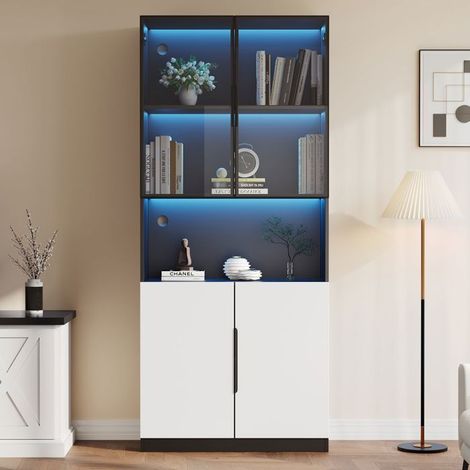 Vitrine salle à manger 80x30x200, rangement pièces collection Buffet salon, LED intégrées réglables, portes blanches décor noir (1/5)
