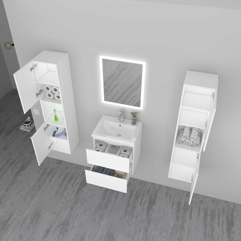 AICA Ensemble de meuble de salle de bain 50cm vasque 2 tiroirs avec lavabo miroir led et colonne–anthracite (1/5)