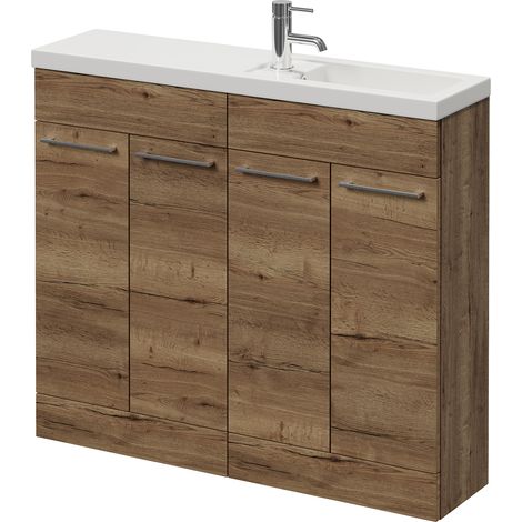 Napoli 250 Tobacco Oak 1000mm 4 Door Vanity Unit with Square Silvo Basin - 1000mm - Chrome 160mm Handle