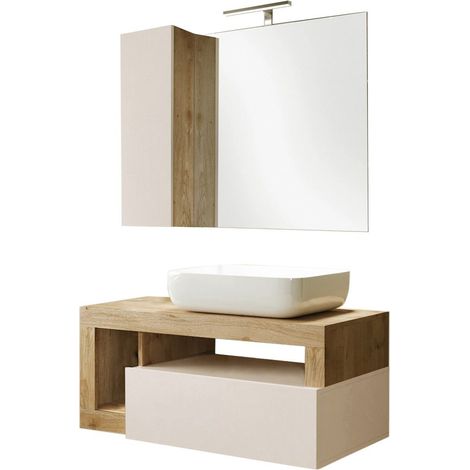 ARTURO - Meuble Vasque 92cm suspendu + Miroir beige et aspect bois finition Cadiz (1/5)