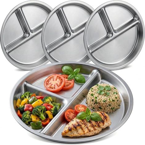 Lot de 4 assiettes divisées rondes en acier inoxydable 304, 20,3 cm, 3 sections pour adultes, camping, pique-nique, maison