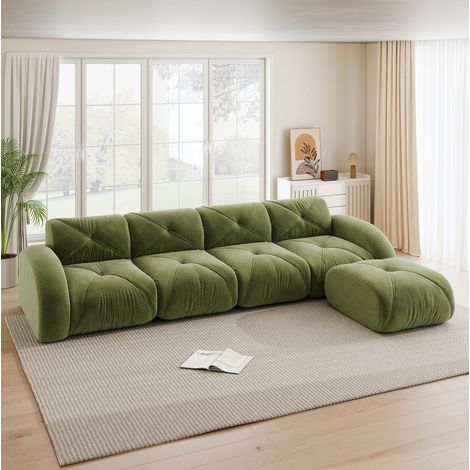 Ecksofa 358/171 cm aus grüner Chenille, modular und rahmenlos mit Hocker (1/5)