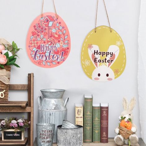 2 huevos de Pascua colgantes – Decoración de interior con cuerda, cartel de madera para puerta (1/5)
