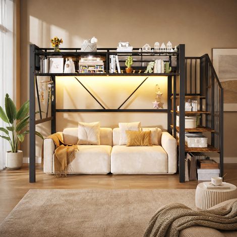 Cama alta metálica 90 x 200 cm negra con escalera estantería LED y almacenaje abierto OKWISH (1/5)