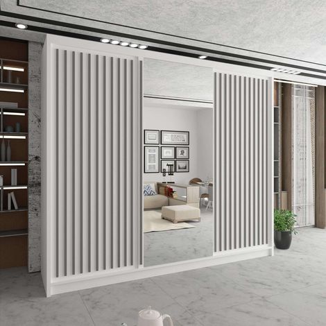 Sliding Wardrobes 4U Modern Sliding Mirror Wardrobe in Multiple Sizes & Colours - White 250cm with Grey Strip