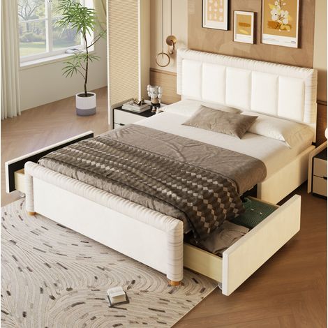Cama doble 140x200 cm de terciopelo francés beige con 2 cajones, sin colchón – MEUBLIV (1/5)