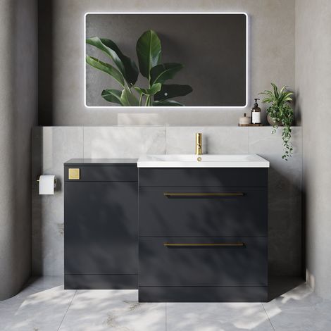 Napoli 460 Gloss Grey 1300mm 2 Drawer Vanity Unit Toilet Suite with Glide Basin - 1300mm - Brushed Brass 480mm HandleWithout Kingston Toilet Pan