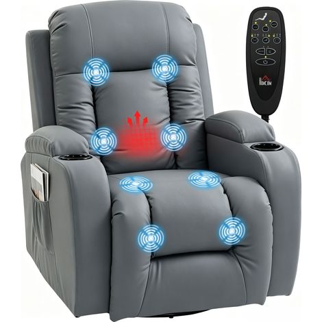 Fauteuil inclinable - HOMCOM - massage et chauffage, dossier réglable, pivotant 360°, repose-pied - PU - 82x99x103cm - gris clair (1/5)