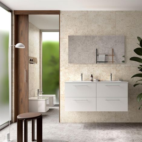Meubles de salle de bains SILANE 1200 4 tiroirs BLANC SATIN + vasque + miroir (1/2)