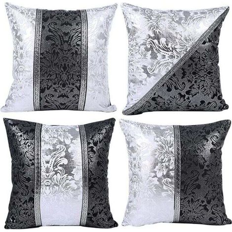 Bardusch-Housse de Coussin Licorne Géométrie Feuilles et Fleur Motif Taie d'oreiller pour Canapé Maison Salon Chambre Décoration D'intérieur, 45x45cm, Ensemble de 4 pièces(Porcelaine Noire et Blanche) (1/4)