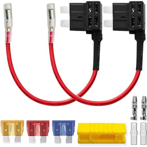 2pcs 12V-24V ACU Adaptateur de Fusible Standard Add-A-Circuit avec Faisceau de Câbles, Porte-Fusible Moyen avec 3pcs Fusibles de Remplacement(5A/10A/15A) + Connecteur de Borne