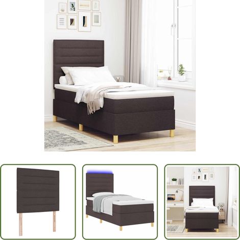 Lits LED - Lit à ressort LED avec matelas Marron foncé 90 x 190 cm tissu (1/5)