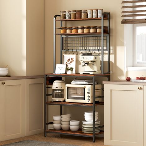 Scaffale da Cucina con Stazione di Ricarica, 5 Ripiani e 10 Ganci a S, in Legno e Acciaio, 80x40x170 cm, Marrone