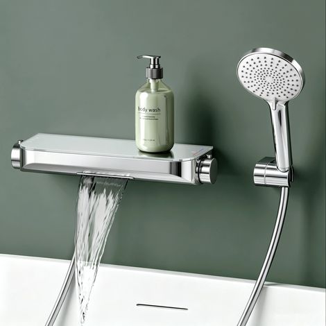 Mai & Mai Thermostat Badewannenarmatur mit Handbrause Wannenarmatur Wannenthermostat 4 Strahlarten Wandarmatur für Badewanne aus Messing inkl. Brauseschlauch Silber Oryntex-03