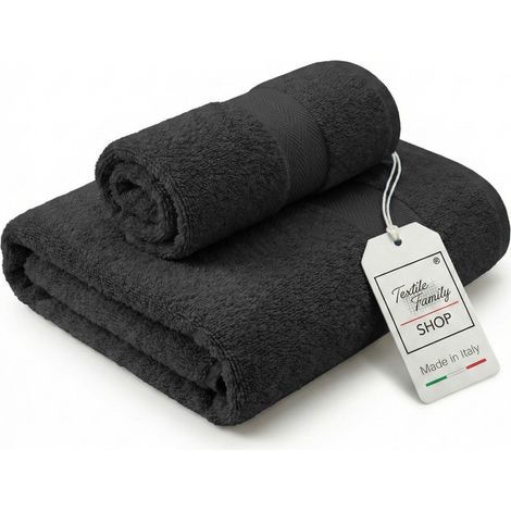 Coppia Asciugamani Viso e Ospite Neri - Spugna 100% Cotone 450 g/m² Made in Italy (1/5)