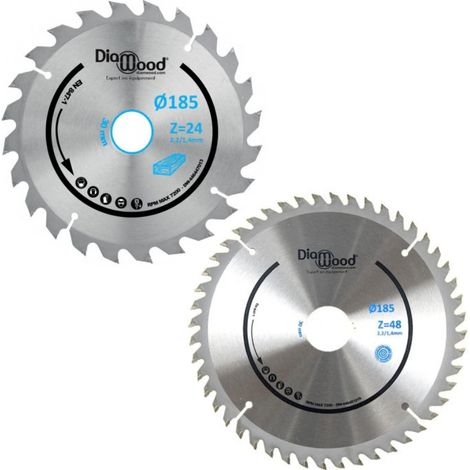 DIAMWOOD - Pack 2 Lames Scie Circulaire 185 mm - Al. 30 mm - Z24 Débit Bois Charpente - Z48 Universelle Menuiserie Pose Panneaux - Format Pro (1/5)