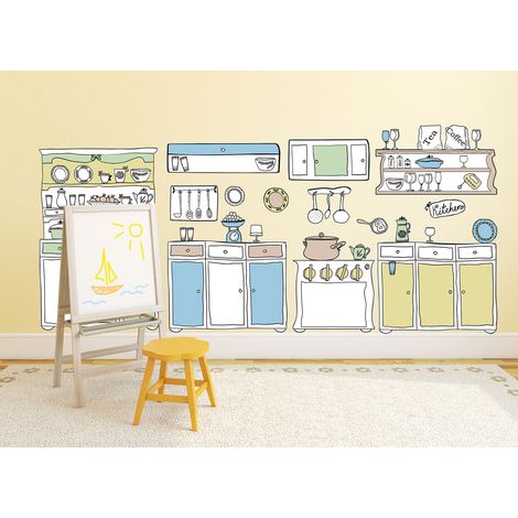 Sticker mural autocollant cuisine ancien style, couleurs pastels, 170x60cm, décoration murale pour cuisine. (1/2)