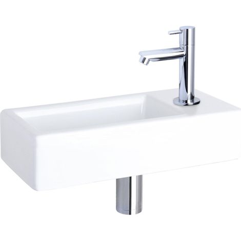 Differnz Hura kit lave-mains - 37.5x18.5x9cm - Rectangulaire - 1 trou de robinet - Robinet droit chromé - Céramique blanche (1/4)