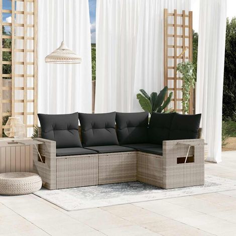 Set de sofás de jardín 4 pzas y cojines ratán sintético gris