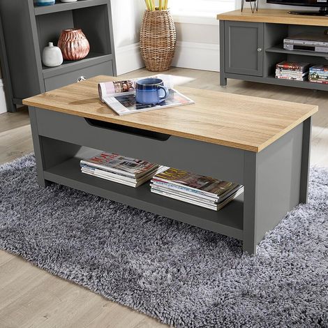 Coffee Table Lift Up Dark Grey Oak Occasional Reception Storage Shelf Avon