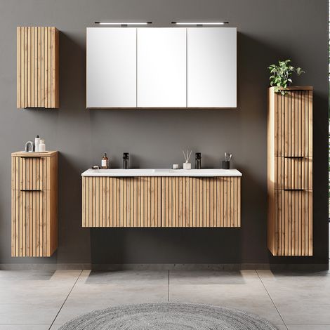 Badmöbel Set 5-teilig inkl. Doppelwaschtisch 120cm in Eiche, Fronten gestreift, LIVINGSTON-03 (1/5)