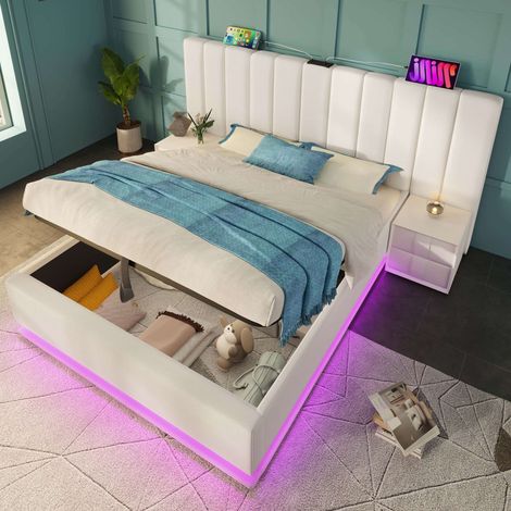 Lit coffre 160x200 cm blanc en similicuir PU, LED 360° avec appli, 3 USB et USB-C, rangement hydraulique, sommier à lattes inclus, sans matelas (1/5)