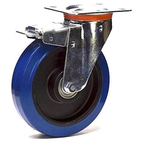 Roulette pivotante avec frein - Lot de 1 - Caoutchouc bleu élastique - Charge 300 kg - Intérieur et extérieur - Diamètre 160 mm (1/2)